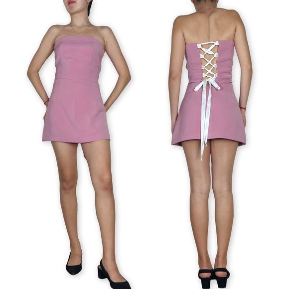 Upcycled Strapless Pink Muave Mini Dress with Dior Ribbon Lace-up Size XS - Picture 11 of 16